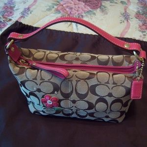 Coach Khaki Sig W/Pink Leather Small Handbag